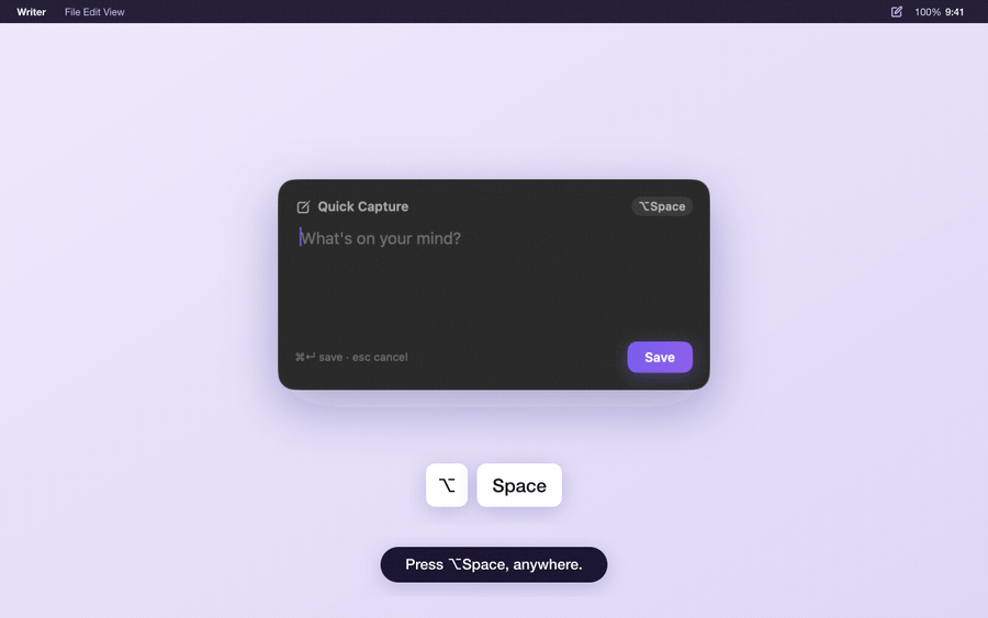 Jot demo: press Option-Space anywhere, type a thought, and find it later in a searchable log